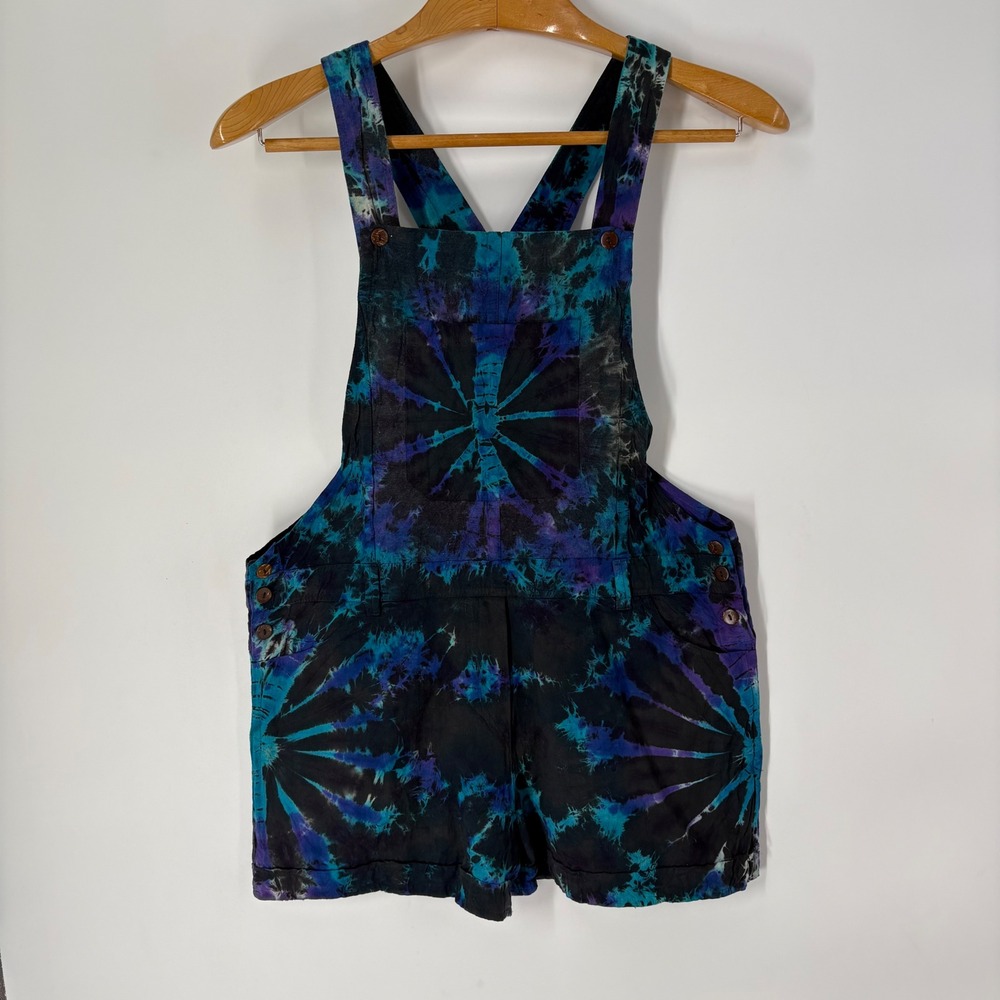 Handmade Granola Hippie Nepal Tie Dye Overall Shorts Teal Sunburst Shortalls L